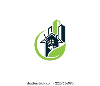 Diseño del logotipo de limpieza residencial creativo. Ilustración de vectores de servicios de limpieza de casas.