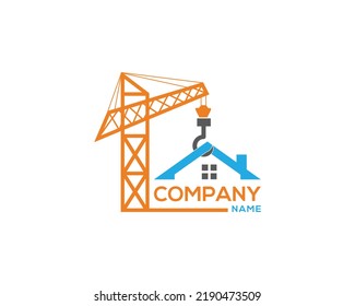 Creative Home Construction Logo Design. Crane And Home, Contractor And Construction Work Modern Vector Illustration.