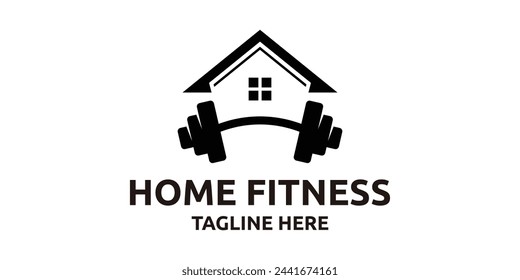 creative home fitness logo design, barbell logo with house, logo design template, symbol, icon, creative idea.