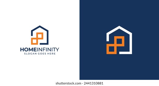 Creative Home Infinity Logo. Building Home, House and Infinity Link with Modern Minimalist Style. Property Logo Icon Symbol Design Inspiration.