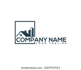 Plantilla de diseño de logotipos de construcción creativos para el hogar y el edificio moderno. Ilustración de vectores inmobiliarios y de bienes inmuebles.