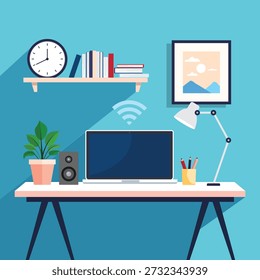 Creative home office workspace featuring laptop, desk lamp, speakers, framed wall art and plants in flat vector style. Ideal for designers, freelancers and creative remote professionals.
