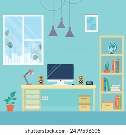 Lugar de trabajo creativo del espacio de trabajo de la oficina en casa con el diseño plano del cartel del concepto de la tabla de la computadora. Ilustración vectorial.