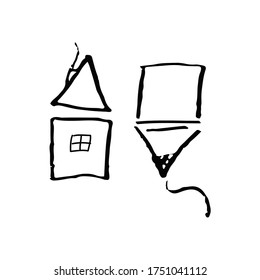 Creative home and pencil, smart logo detailing with clean background. Cute house in hand drawn doodle style. Sign residential building.  Purchase, sale, rental of real estate, logo, print.