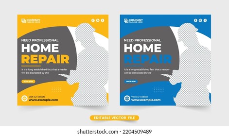 Creative home repair service social media post design with abstract shapes. House renovation and construction business promotional web banner vector. Real estate home repair business template vector.