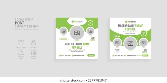 Creative home sale social media post template design. Green Square ad design template.