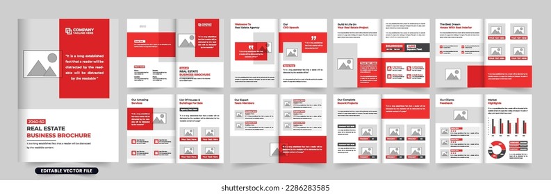 Vector de plantilla de folletos creativos para la venta en el hogar con colores rojo y oscuro. Diseño de revistas de negocios inmobiliarias con marcadores de foto. Diseño de folletos de agencias de venta de casas para marketing.