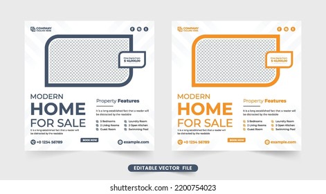 Casa creativa que vende artículos en medios sociales con sección de detalles de propiedad. Vector de plantilla comercial de agencia inmobiliaria con colores oscuros y amarillos. Banner web de marketing de negocios de venta en casa.