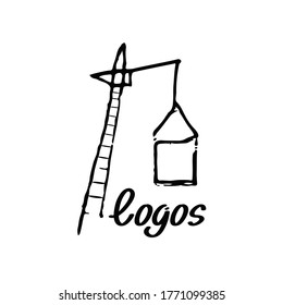 Creative home, smart logo detailing with clean background. Construction crane lifting a house. Construction process. Sign residential building.  Purchase, sale, rental of real estate, logo, print.