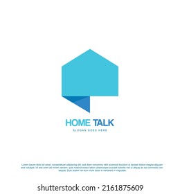 Creative home talk logo design. Blue house with bubble chat icon