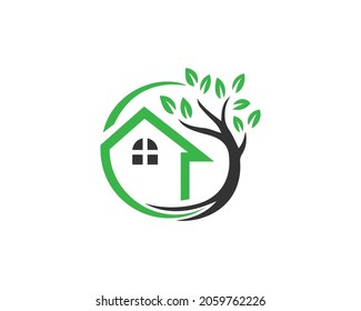 Creative Home And Tree Nature Logo Design Concept Vector Template.