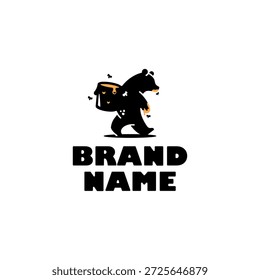 Logotipo creativo de la mascota del oso de la miel con una silueta del oso que lleva una olla de la miel con las abejas. Perfecto para etiquetas de miel orgánica, marcas de apicultura e identidad alimenticia natural