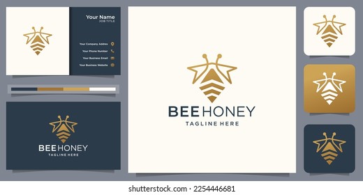 creative honey Bee animals logo vector. logo honey bee line style with business card template.