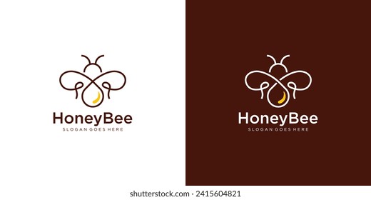Creative Honey Bee Logo. Bee and Honey Drop with Linear Outline Style. Honey Bee Logo Icon Symbol Vector Design Template.