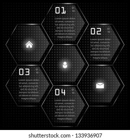 Creative honeycomb infographic template. Modern black design. Stylish useful web icons. Glass style.
