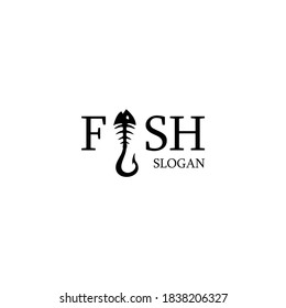 Creative hook logo vector for fishing club & community with dead fish bone, fish hunting equipment shop & store brand, sailing boat & ship tools supllier business company. Fishhook sign symbol