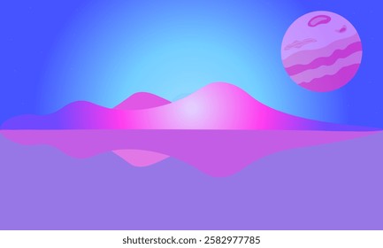 Creative horizontal abstract background. Beauty and harmony of an unknown planet. Mountains, stars and  moon. Reflection in the water surface. Gradient of  night sky. It's  beautiful view. Blue, pink.