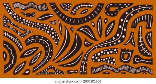 Creative horizontal abstract hand drawn pattern on terracotta background.  Modern vector print.	