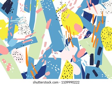 Creative horizontal artistic backdrop with abstract shapes, patches and speckles of vivid colors on white background. Bright colored decorative vector illustration in cool contemporary art style