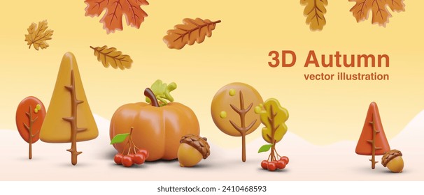 Creative horizontal autumn concept in plasticine style. 3D yellowed trees, leaves, berries, acorns. Place for ad text, header, link button. Cute seasonal web design