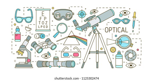 Creative horizontal banner template with various optical devices, dispersive prism, glasses, human eye, optic lenses on white background. Colorful vector illustration in modern line art style.