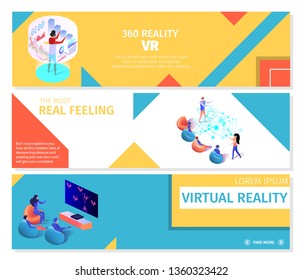 Creative Horizontal Banners Set with Copy Space. People Playing 360 Virtual and Augmented Reality Games, VR Entertainment Industry of Future. Men and Women Gaming 3D Flat Vector Isometric Illustration