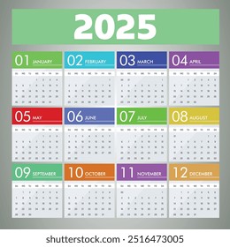 Creative horizontal calendar 2025 in English Days weeks and months Print vector