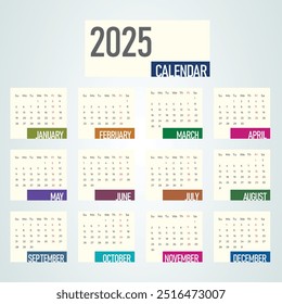 Creative horizontal calendar 2025 in English Days weeks and months Print vector