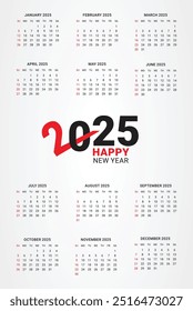 Creative horizontal calendar 2025 in English Days weeks and months Print vector