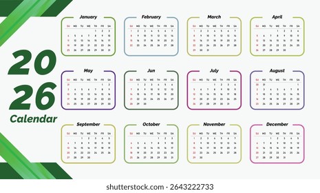 Creative horizontal calendar 2026 in English days, weeks, and months Print vector