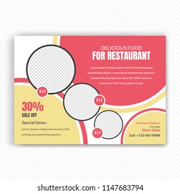 Creative Horizontal Flyer design. Modern Food and Restaurant brochure template. advertisement, presentation, magazine page. a4 size vector illustration. EPS 10