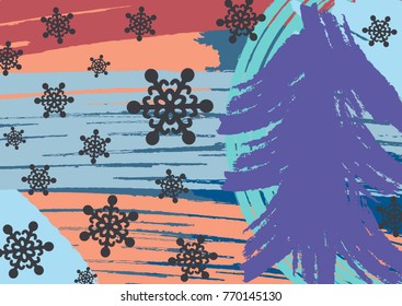 Creative horizontal New Year background. Drawn by hand with brush. Grunge, graffiti, sketch, watercolor, paint. Vector illustration.