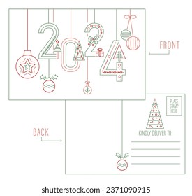 Creative horizontal postcard idea in thin line style. Easy to create your own postcards. New year 2024  design with custom typography. Editable vector illustration isolated on a white background.