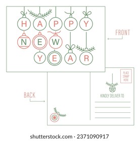 Creative horizontal postcard idea in thin line style. Easy to create your own postcards. New year, Christmas design template, ready to print. Editable vector illustration isolated on white background