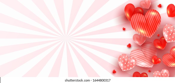 Pancarta de diseño de plantilla horizontal creativa con decoración realista de corazón aireado de diferente tamaño en un fondo claro a rayas con lugar para el texto