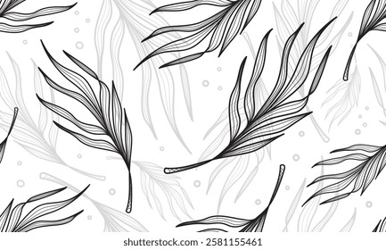 Creative horizontal tropical seamless pattern. Monochrome composition with palm leaves. Branch plant in graphic style. Floral vector illustration. 