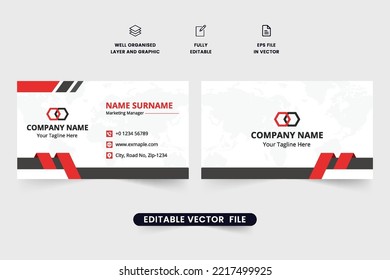 Creative Horizontal Visiting Card Template Vector With Dark And Red Colors. Professional Business Card Decoration With Creative Shapes. Print Ready Double-sided Business Card Design For Personal Uses.