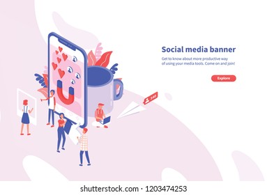 Creative horizontal web banner template with tiny people and giant smartphone. Social media and network tools for internet promotion and advertisement. Modern colorful isometric vector illustration.