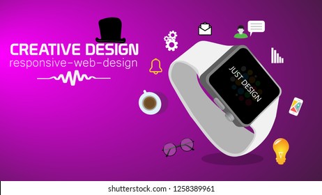 Creative horizontal website screen part for responsive web design project development. Smart watch mock up bright colorful banner layout. Corporate landing page block vector illustration template.