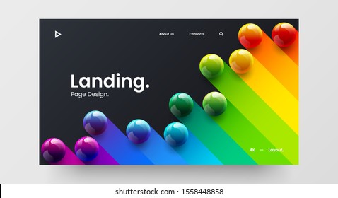 Creative Horizontal Website Screen Part For Responsive Web Design Project Development. 3D Colorful Balls Geometric Banner Layout Mock Up. Corporate Landing Page Block Vector Illustration Template.