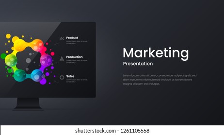 Creative horizontal website screen for responsive web design project development. Monitor mock up bright colorful banner layout. Corporate marketing landing page block vector illustration template.