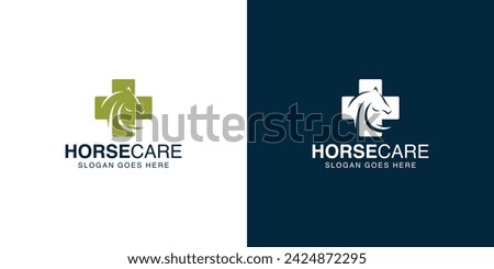 Creative Horse Care Logo. Cross Health and Horse with Minimalist Style. Horse Head Logo Icon Symbol Vector Design Template.