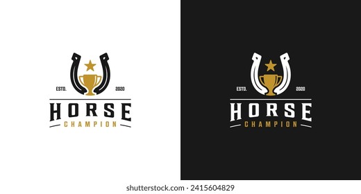 Creative Horse Champion Logo. Horse Shoes and Trophy with Vintage Label Style, Stamp, Emblem Retro Hipster. Horse League Logo Icon Symbol Vector Design Template.