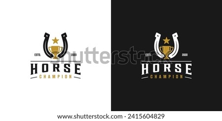 Creative Horse Champion Logo. Horse Shoes and Trophy with Vintage Label Style, Stamp, Emblem Retro Hipster. Horse League Logo Icon Symbol Vector Design Template.