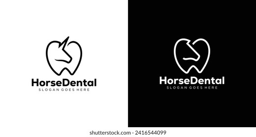 Logotipo creativo de odontología de caballos. Cabeza de caballo, unicornio y diente con estilo de contorno lineal. Plantilla de diseño de vectores de símbolos de logotipo de dentista ortodoncia.