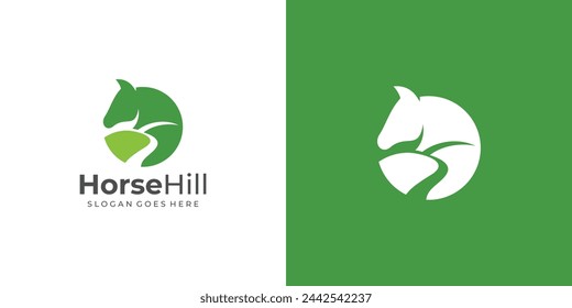 Logo de Creative Horse Hill. Caballo, Caballo y Colinas, Pico, Montaña, Cumbre con Estilo Minimalista. Símbolo de logotipo de granja de caballos Símbolo de diseño vectorial Inspiración.