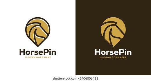 Creative Horse Pin Logo. Horse Head Pin Location Map Linear Style Icon Vector Logo Design.