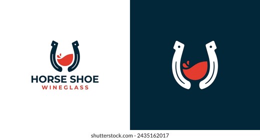 Creative Horse Shoe Wine Logo. Pferdeschuh und Weingläser, flüssiger Rotwein mit minimalistischem Stil. Pferdelogo-Symbol-Vektor-Design-Vorlage.