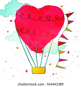 Creative Hot Air Balloon with Heart made by abstract brush stroke for Happy Valentine's Day Celebration.