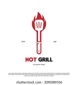 Creative hot grill logo design. spatula with flame vector 